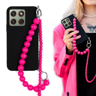 MATOWE ETUI DO MOTOROLA EDGE 70 Z RÓŻOWYM ŁAŃCUSZKIEM KORALE BLINK 99 CZARNY