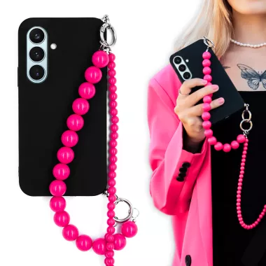 MATOWE ETUI DO SAMSUNG GALAXY S26 Z RÓŻOWYM ŁAŃCUSZKIEM KORALE BLINK 99 CZARNY