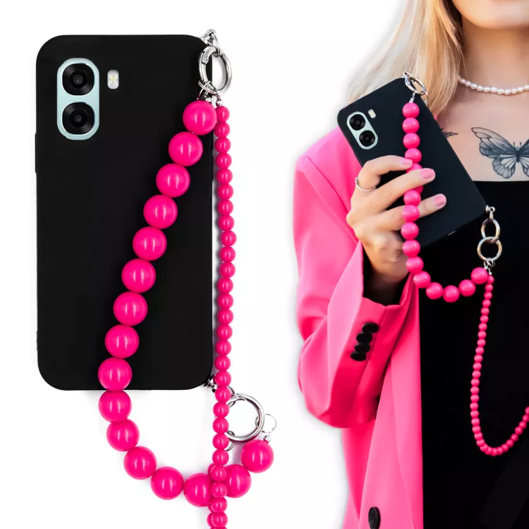 MATOWE ETUI DO OPPO A6X Z RÓŻOWYM ŁAŃCUSZKIEM KORALE BLINK 99 CZARNY