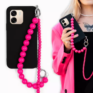 MATOWE ETUI DO OPPO A6 Z RÓŻOWYM ŁAŃCUSZKIEM KORALE BLINK 99 CZARNY