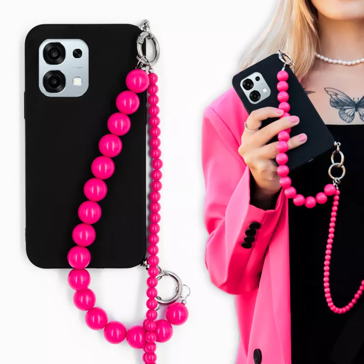 MATOWE ETUI DO OPPO A6 PRO Z RÓŻOWYM ŁAŃCUSZKIEM KORALE BLINK 99 CZARNY