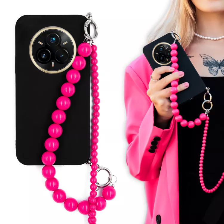 MATOWE ETUI DO REALME 14 PRO PLUS 5G Z RÓŻOWYM ŁAŃCUSZKIEM KORALE BLINK 99 CZARNY
