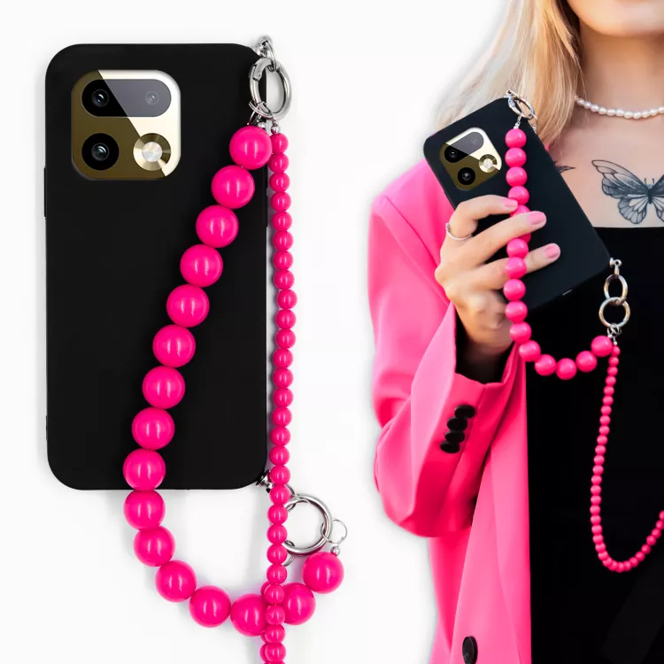 MATOWE ETUI DO REALME 16 PRO PLUS 5G Z RÓŻOWYM ŁAŃCUSZKIEM KORALE BLINK 99 CZARNY